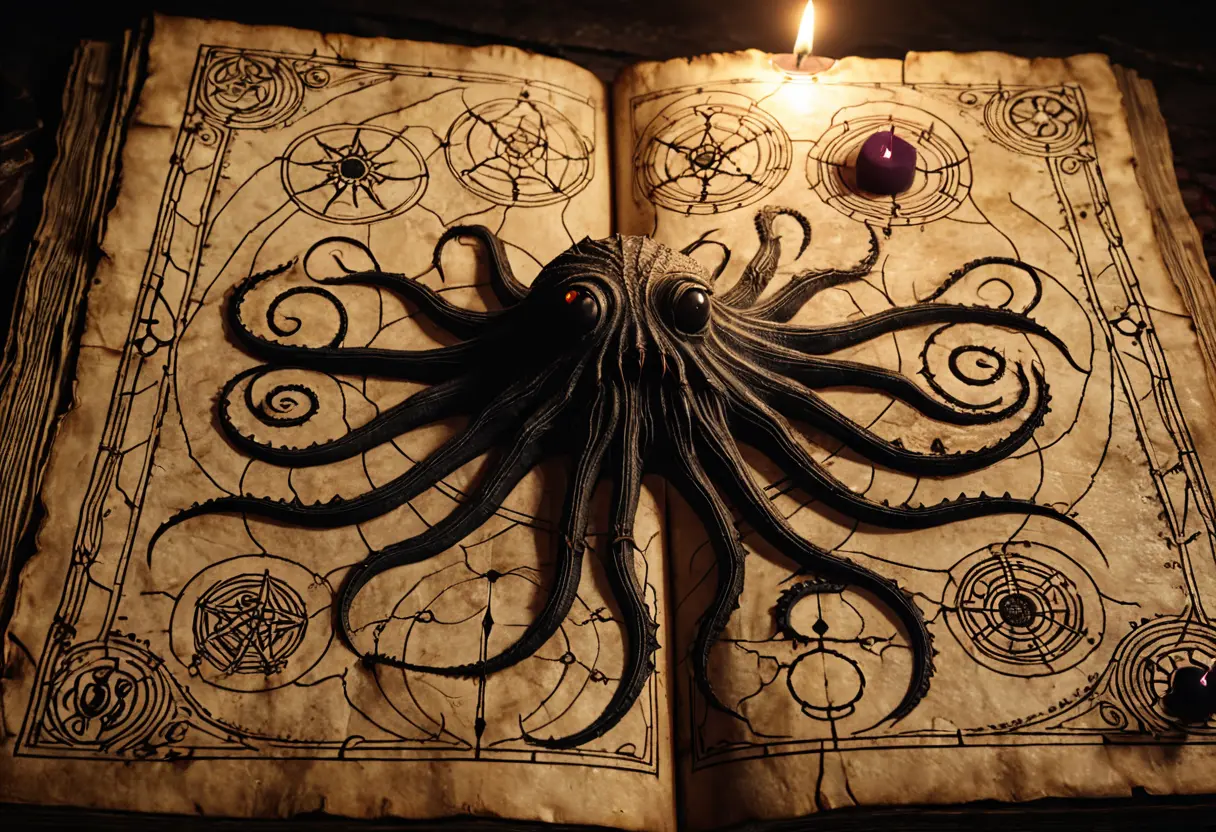 A close-up of a disturbing illustration from an ancient occult book.