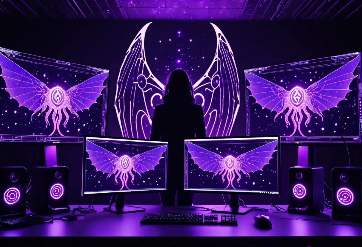 A modern workstation blending digital code and demonic runes.