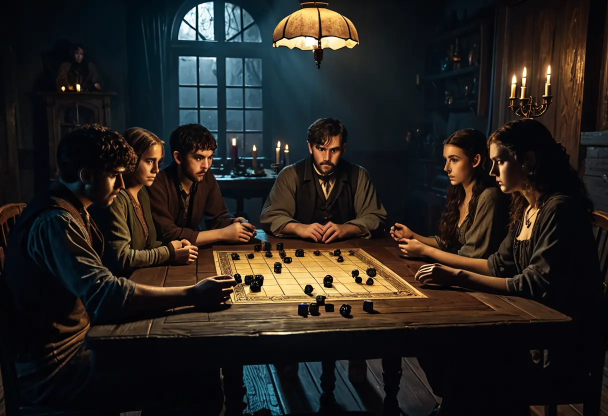 A group of people playing a TRPG at a dark table with a Cthulhu statue.