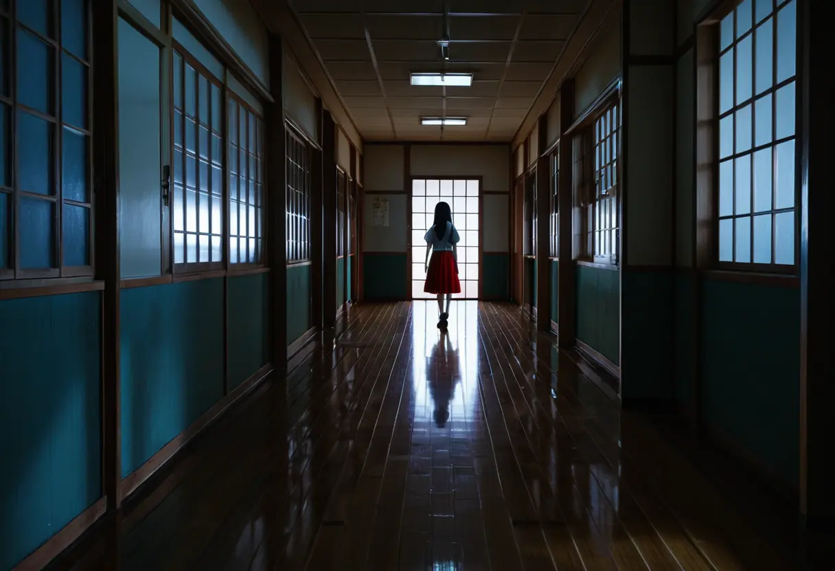 A dark, empty school hallway with long shadows and a red skirt visible.