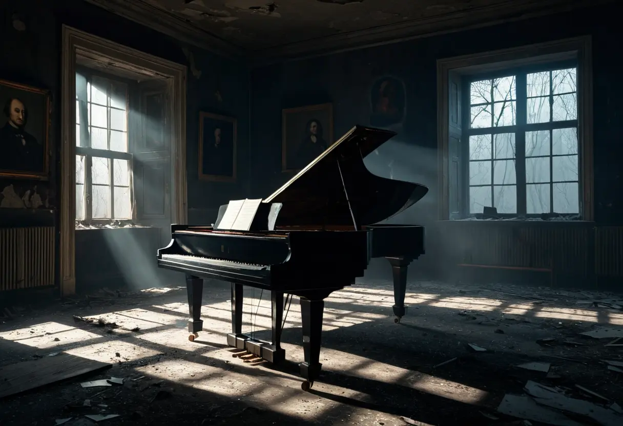 A school music room with floating instruments and dark shadows.