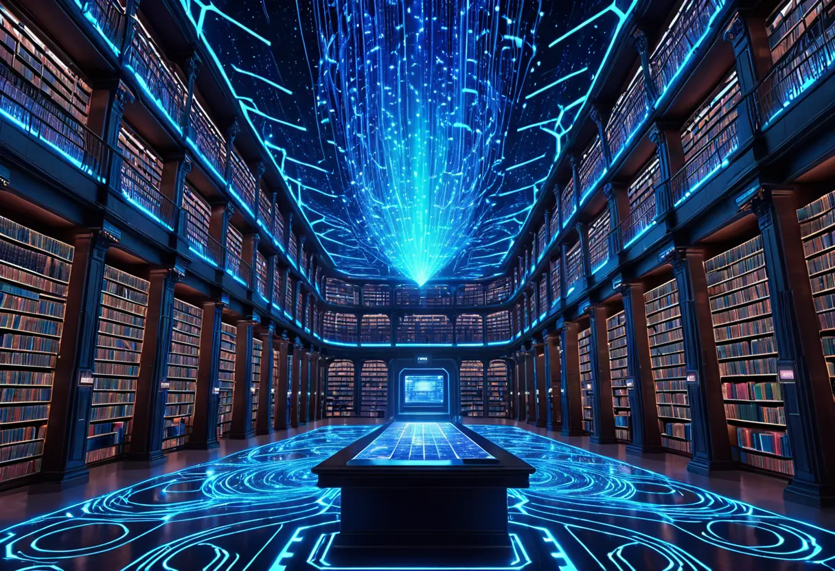 A digital library with glowing scrolls.