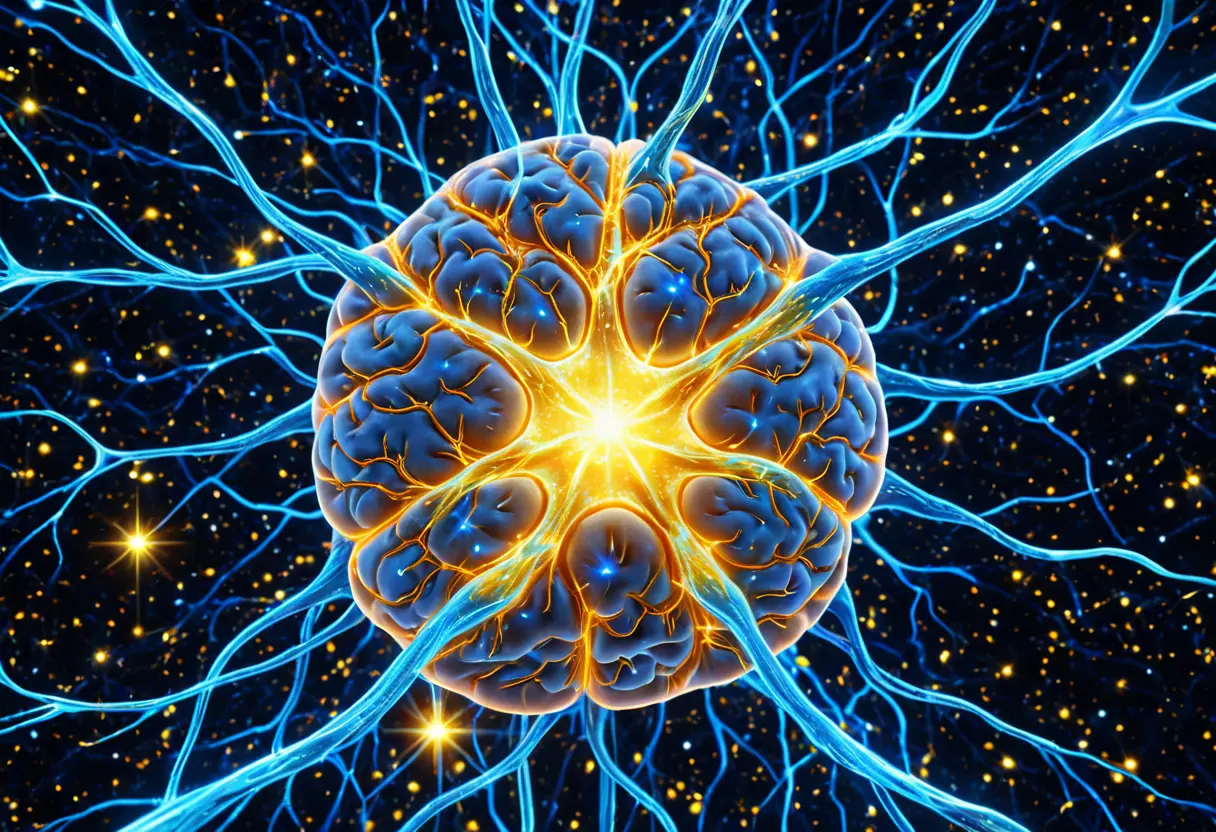 A glowing neural network in the brain resembling a cosmos.