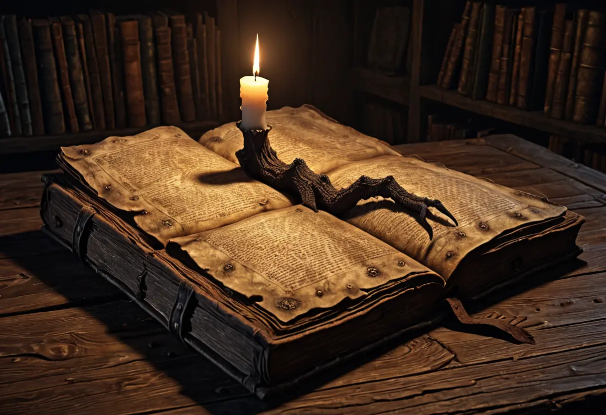 An ancient, weathered book in a dusty, dark library.