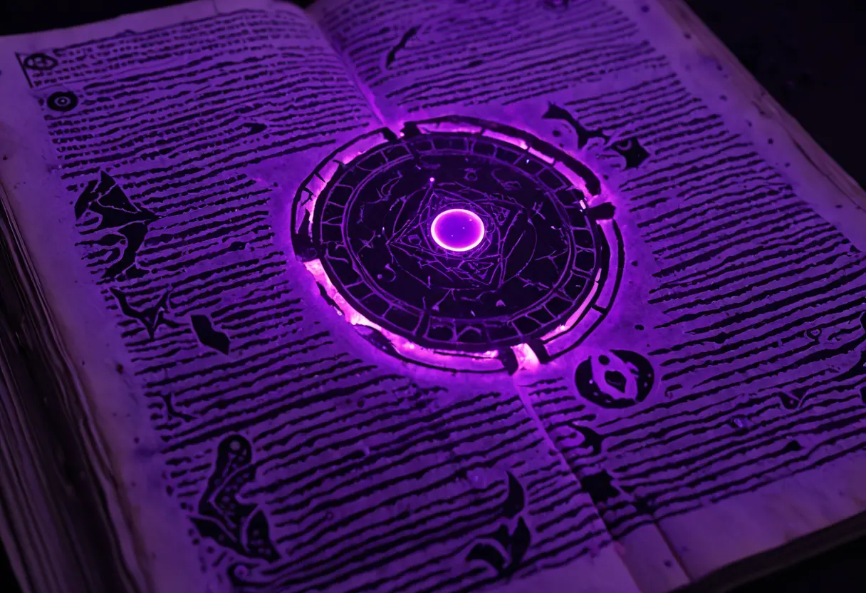 A macro shot of impossible runes glowing on a dark page.