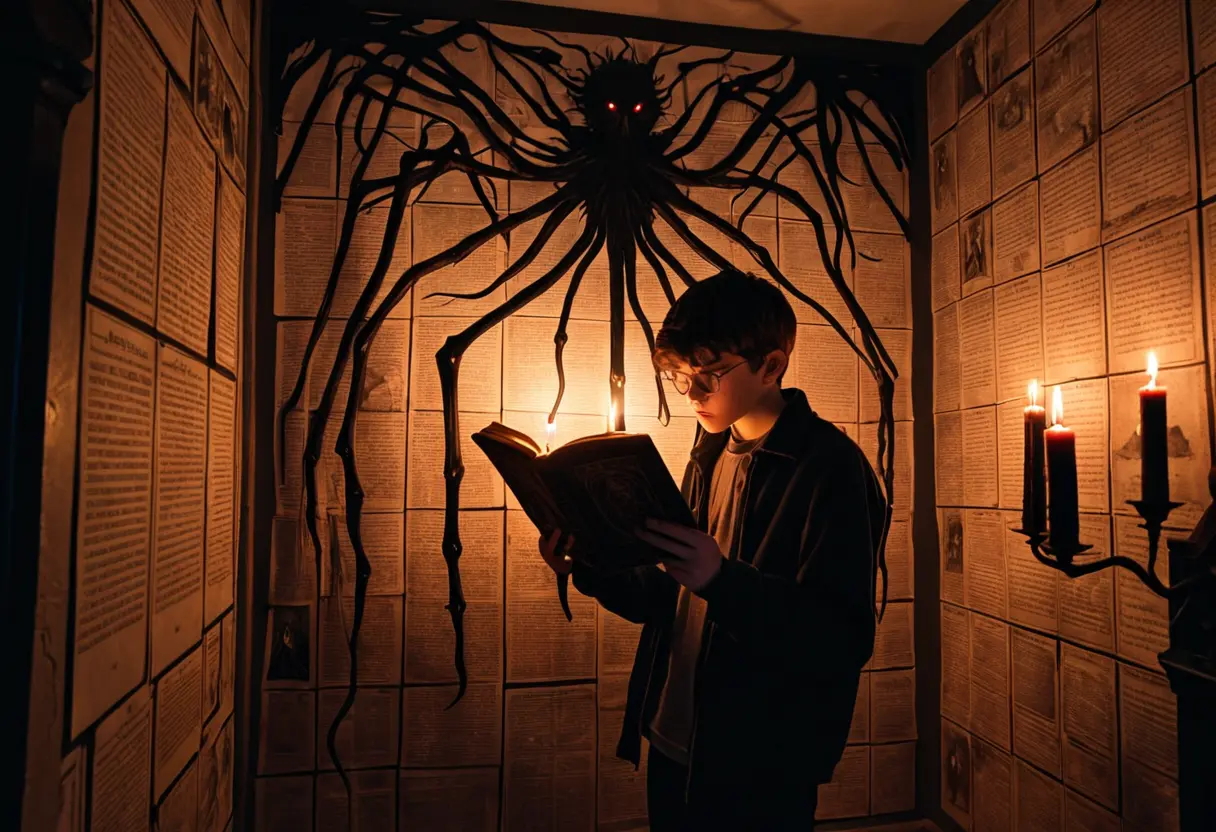 A modern occultist reading the Necronomicon.