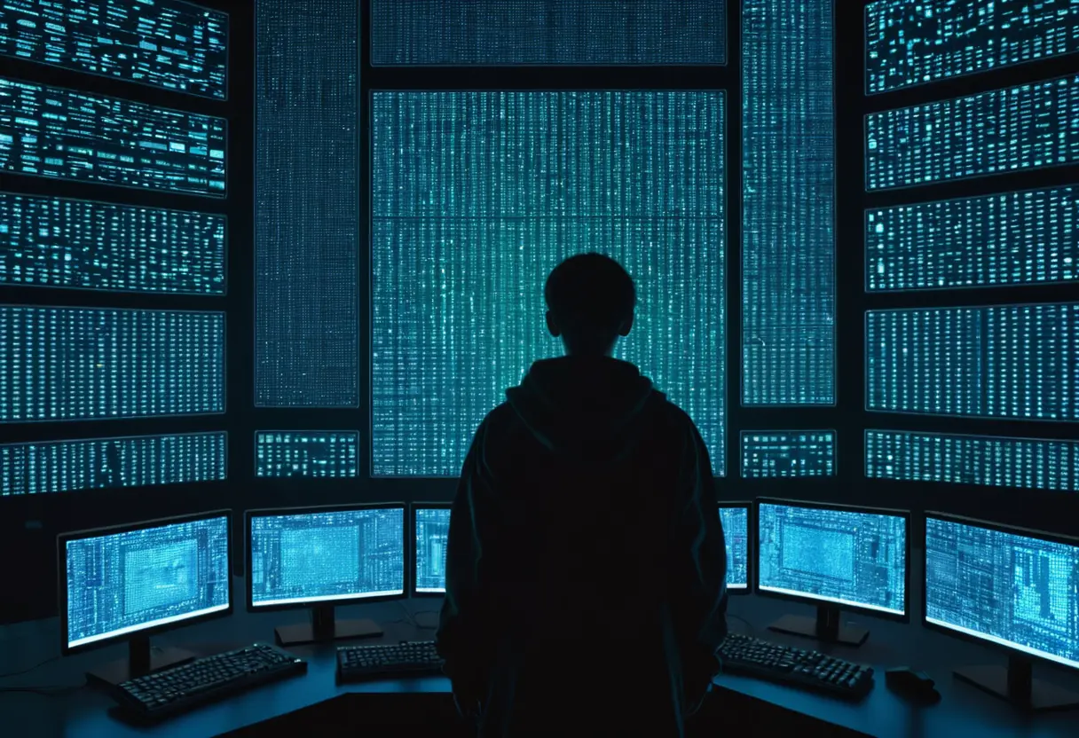 A dark room with dozens of glowing screens showing different forum threads, creating a patchwork of mystery.