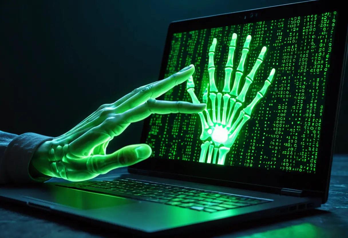 A glitched hand reaching out of a laptop screen made of green binary code.