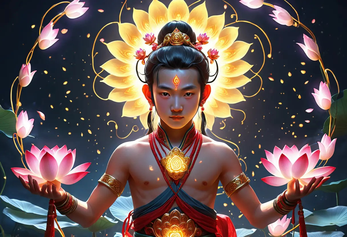 A boy deity surrounded by lotus flowers.