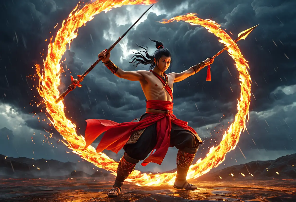 Nezha flying on wheels of fire.