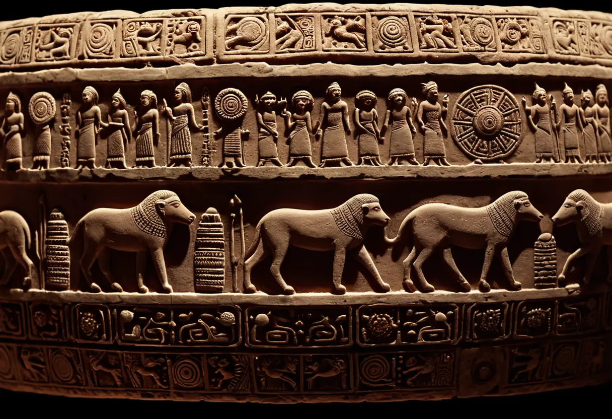 An ancient Sumerian tall cylinder seal showing planets including a 12th one.