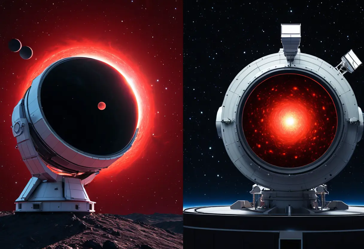 A split view of a scientific telescope and a mystical glowing planet.