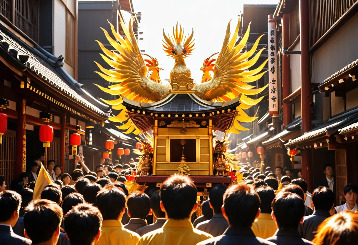 A gold-leafed Japanese Mikoshi (portable shrine) being carried by a crowd.