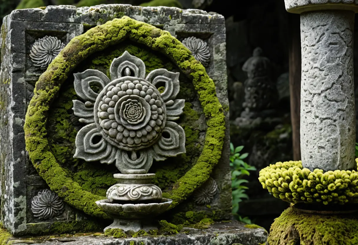 An ancient stone carving showing a menorah alongside a Japanese crest.