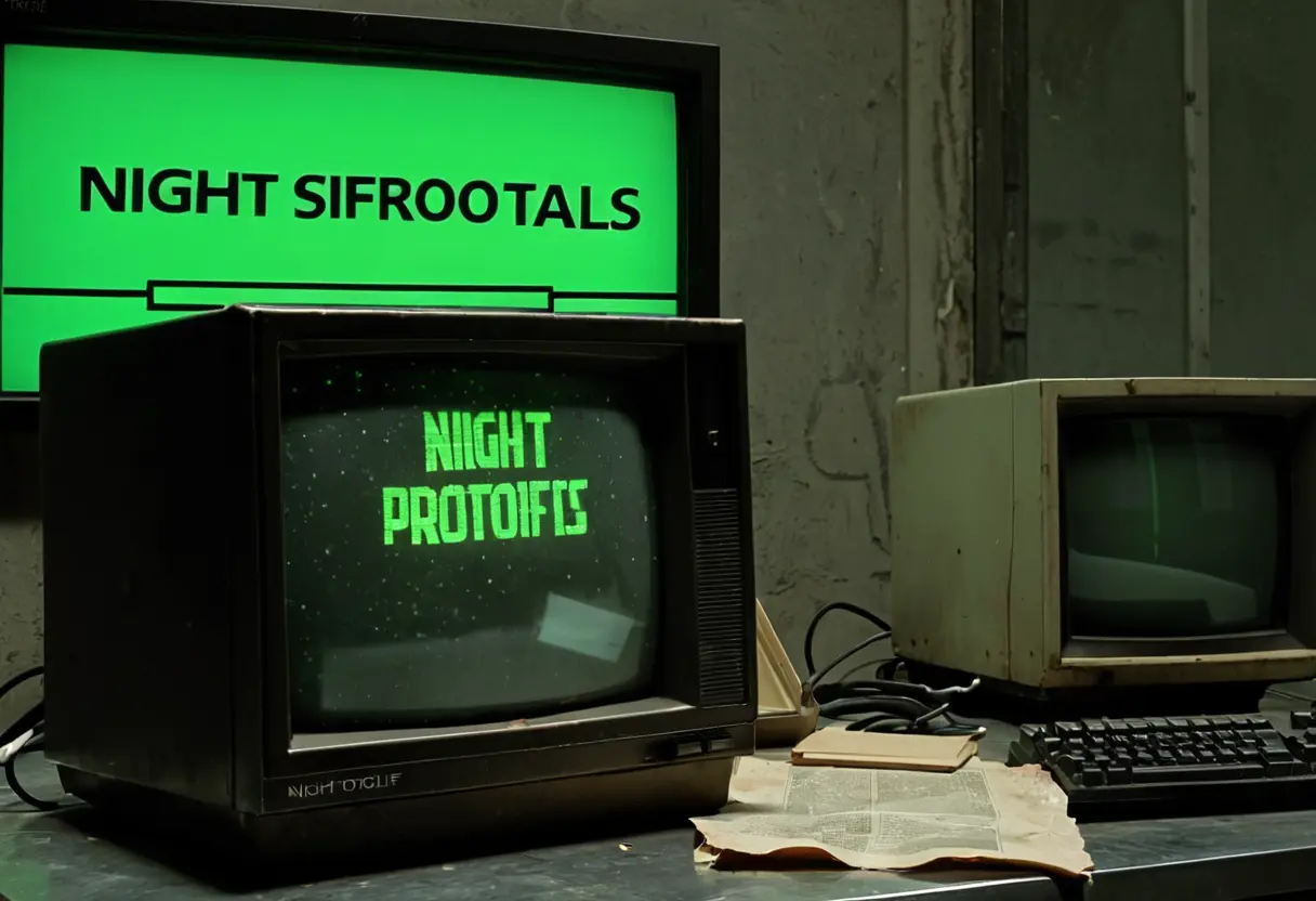 A coffee-stained manual titled &lsquo;NIGHT SHIFT PROTOCOLS&rsquo; on a metal desk next to a static-filled CRT monitor.