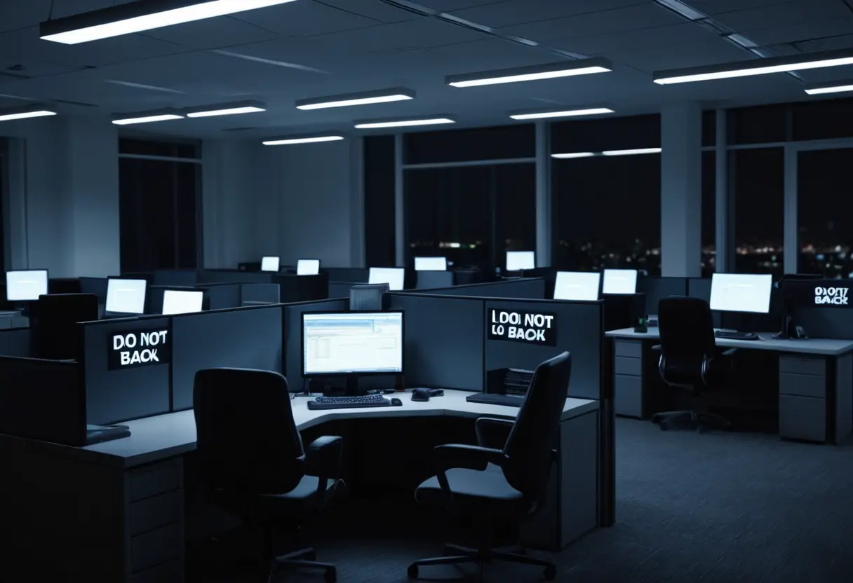 A dark, empty office with a single cubicle glowing with a computer screen.