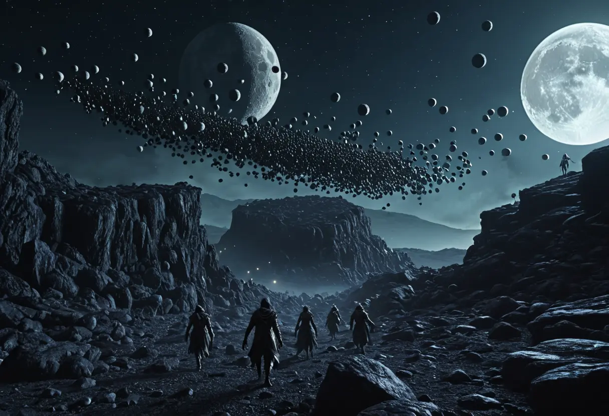 Nightgaunts flying in the sky of the Dreamlands carrying someone.