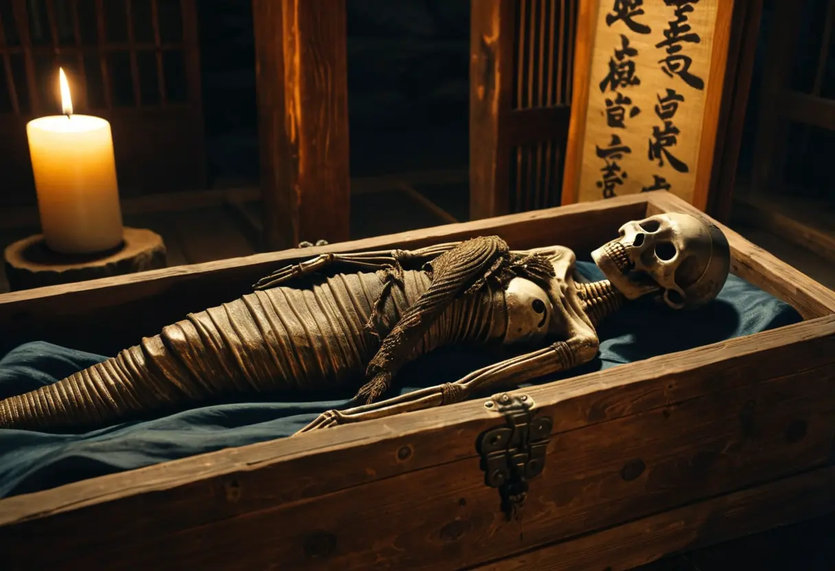 An ancient, shriveled mermaid mummy in a wooden box at a Japanese temple.