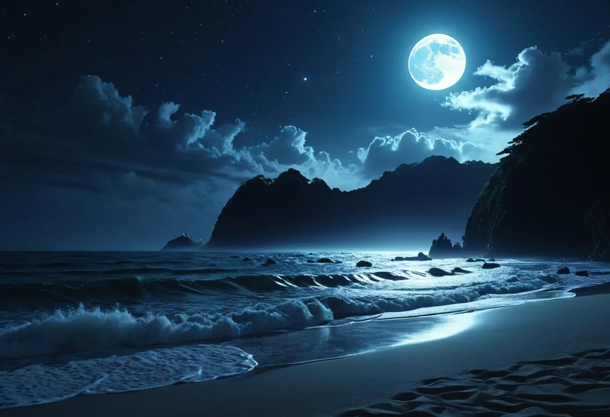 A glowing Amabie emerging from the midnight sea waves.