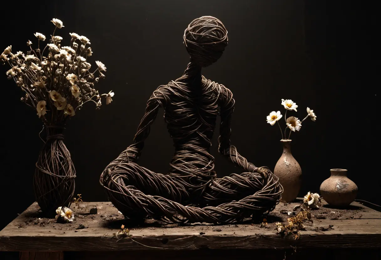 A strange sculpture made of twisted wire in the shape of a fetus.