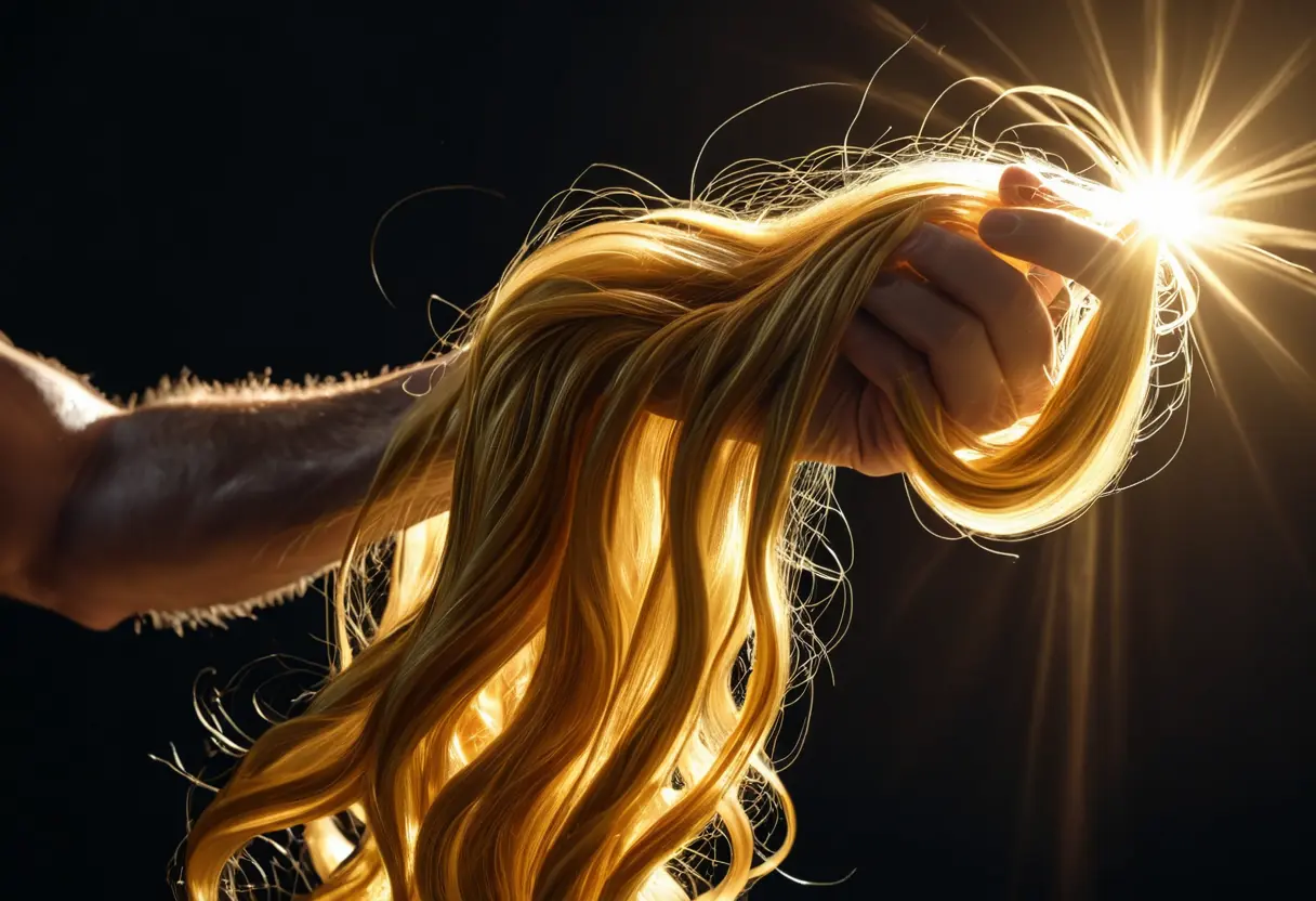 Living golden hair flowing like liquid silk.