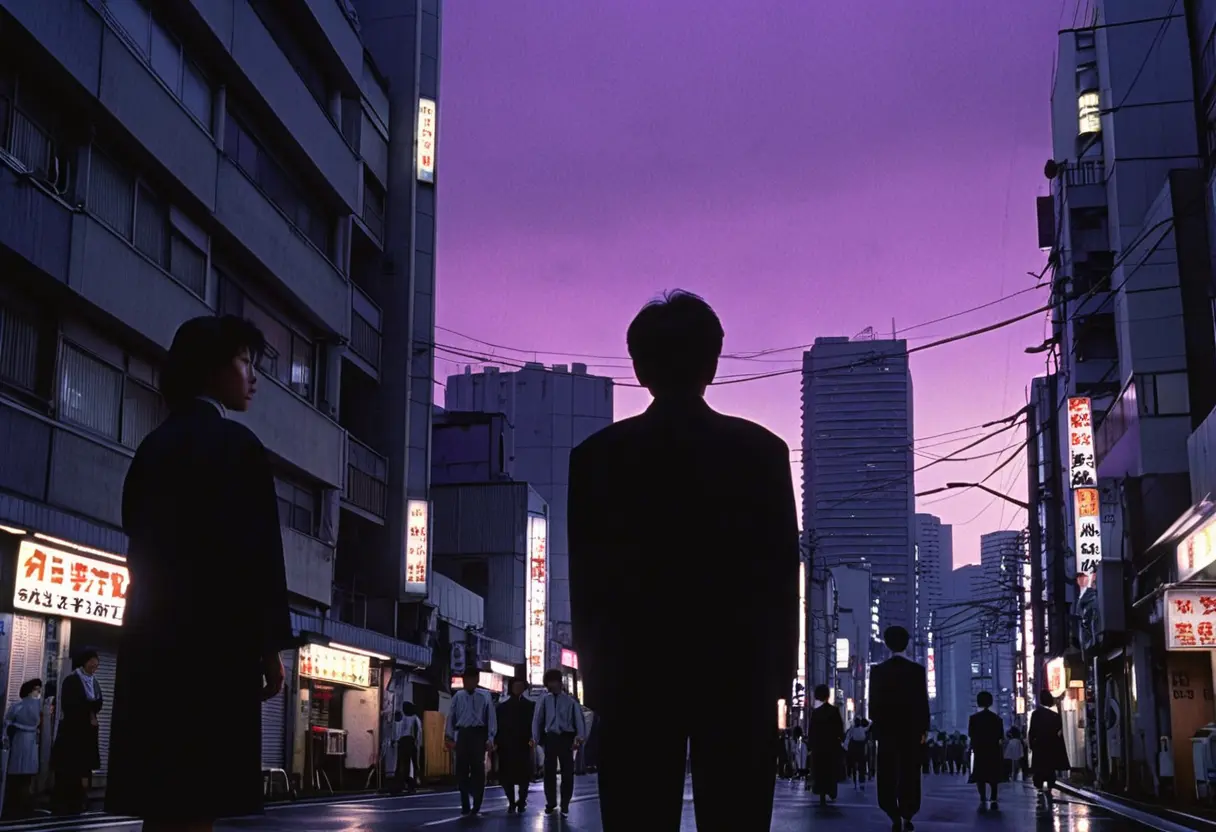 A Japanese city street in the 1990s with a dark cloud overhead.