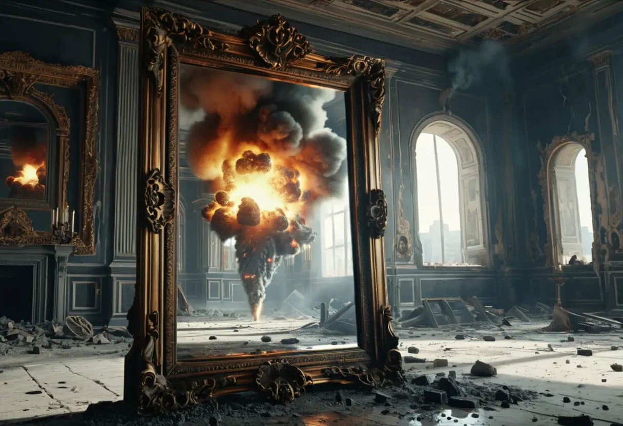 An old mirror reflecting a modern city on fire.