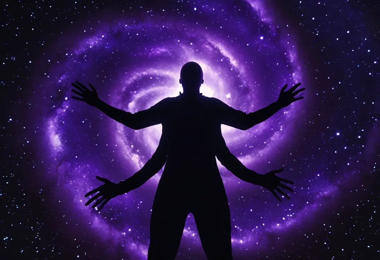 A faceless shadow figure with multiple limbs against a cosmic backdrop.