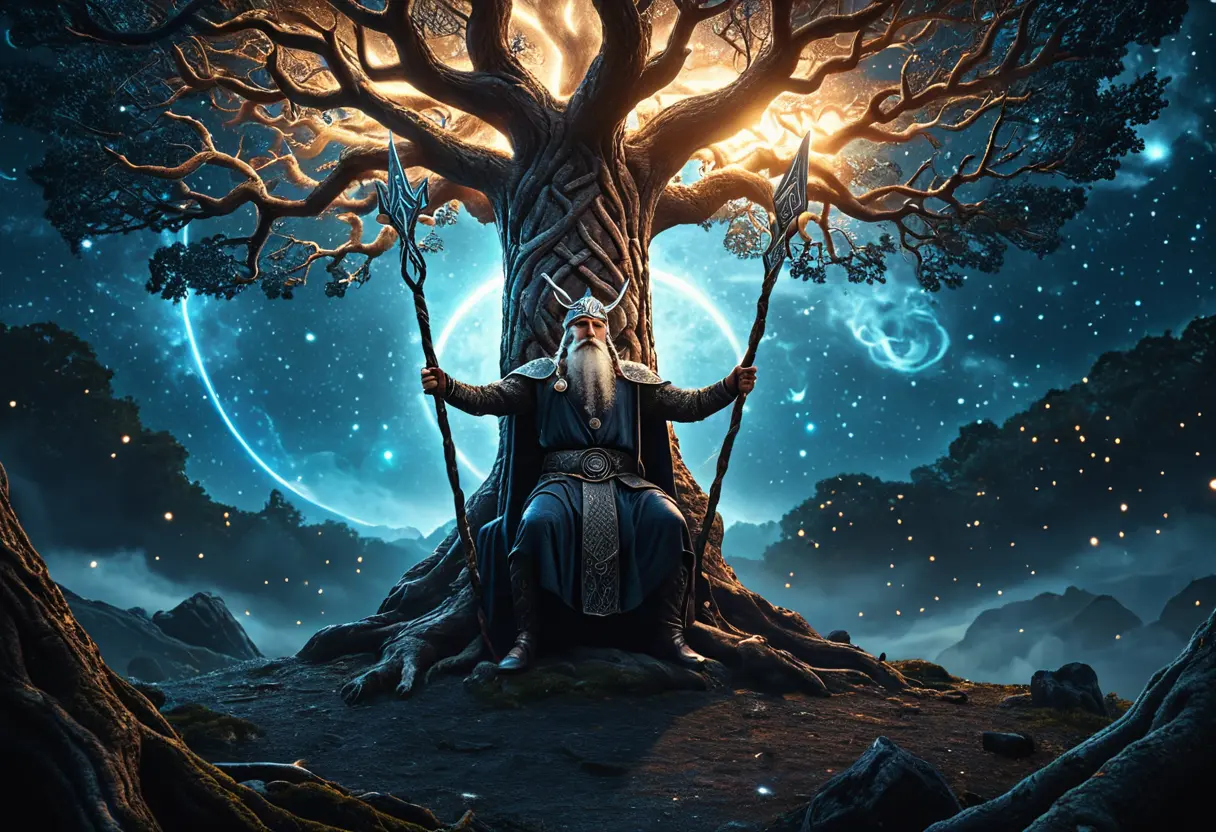 Odin hanging from Yggdrasil.