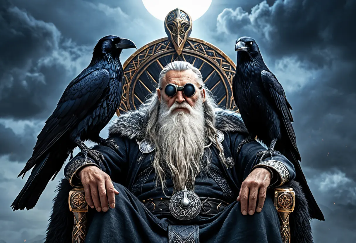 Odin on his throne with ravens.