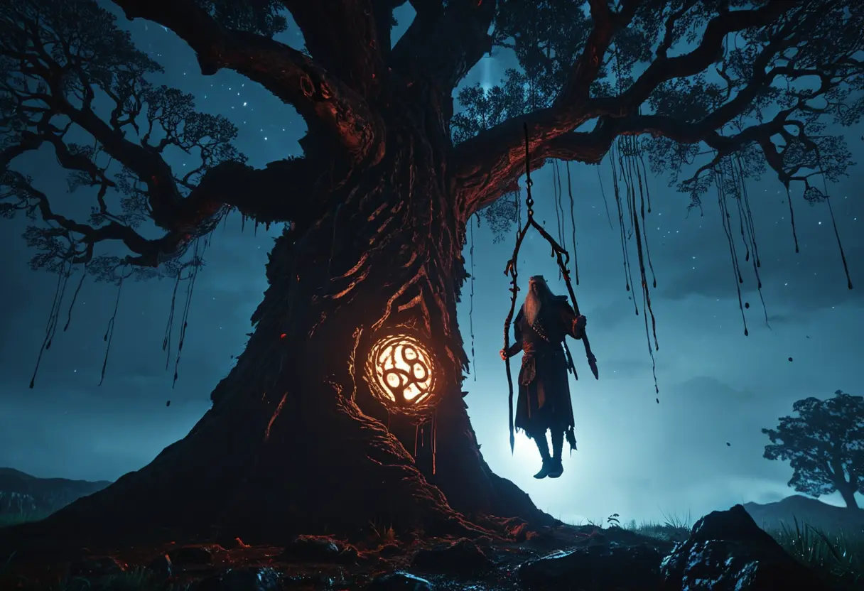 Silhouette of Odin hanging from Yggdrasil.