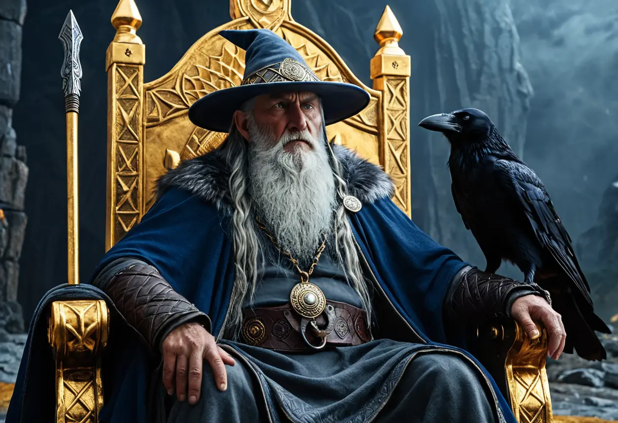 Odin sitting on his golden throne Hlidskjalf.