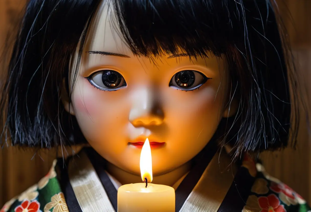 A close-up of a Japanese doll&rsquo;s hair.