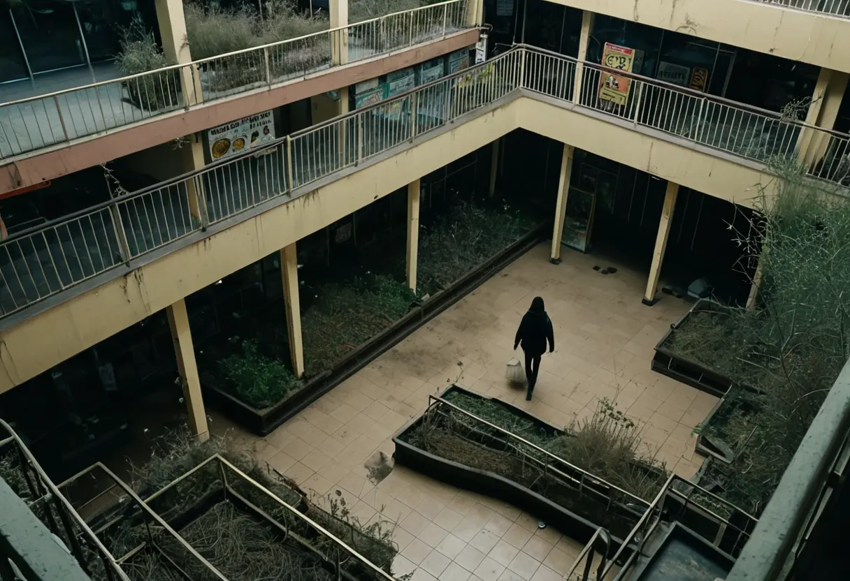A hollow, sunlit mall atrium.