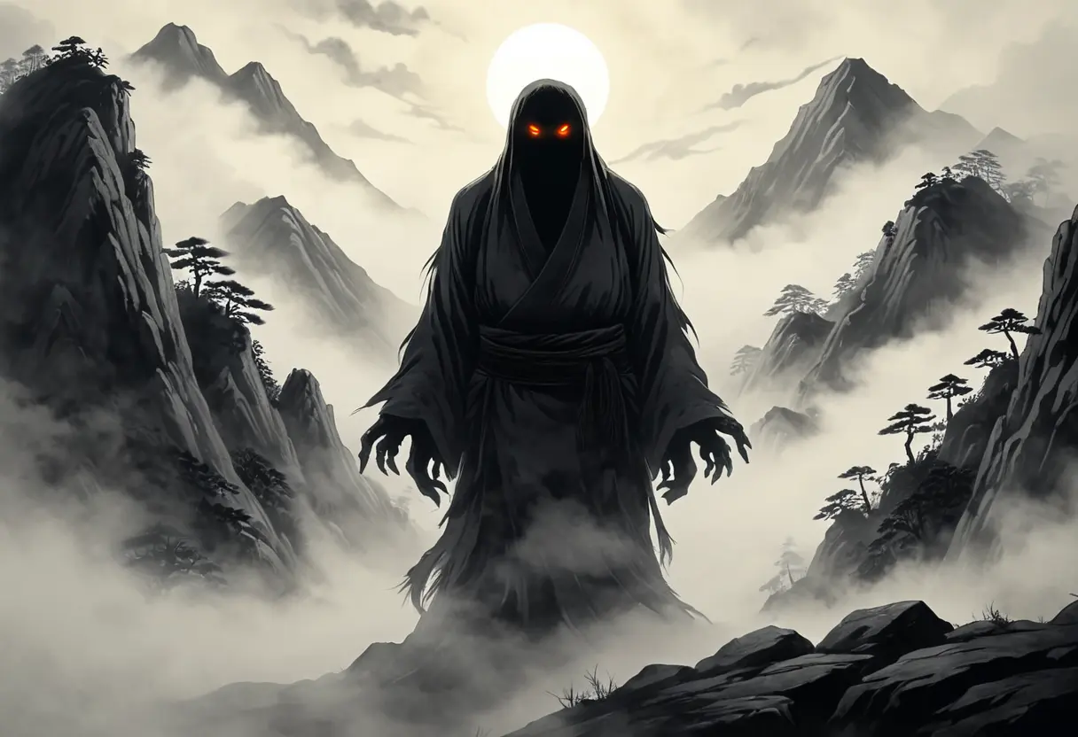 A shadowy, faceless spirit emerging from the mist.