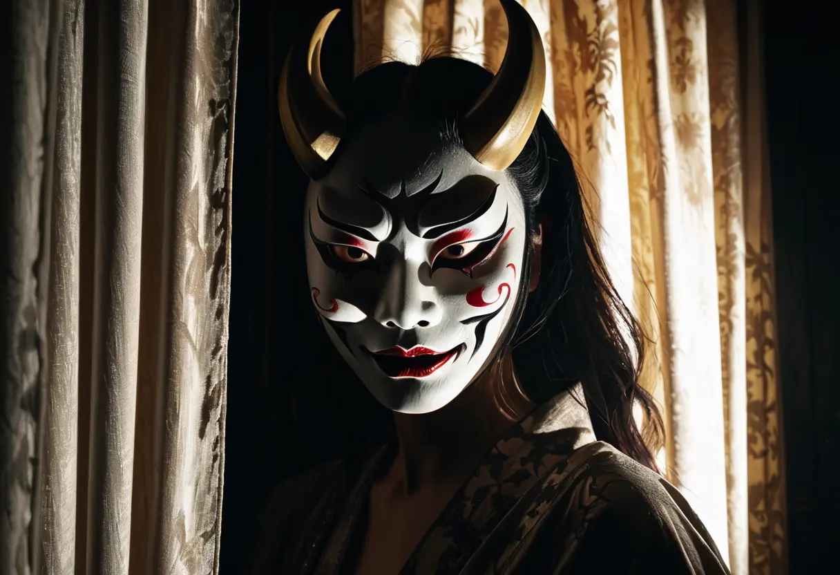 A Hannya mask emerging from a silk curtain.