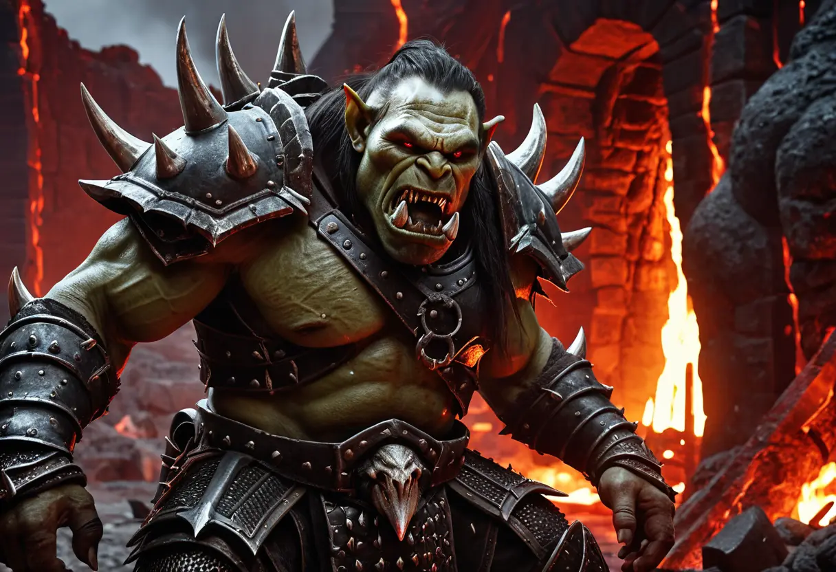 A dark, metallic-clad Orc soldier in a volcanic forge.