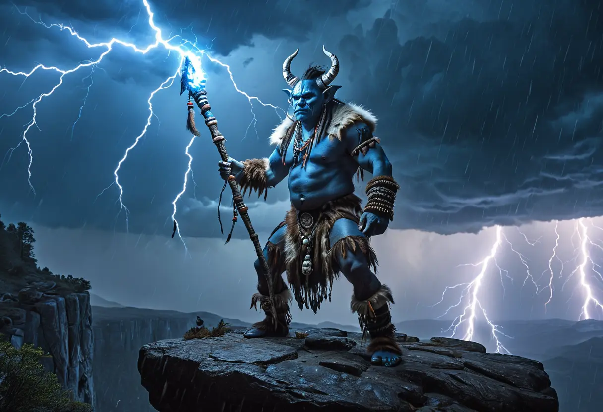 An Orc shaman calling lightning in a thunderstorm.