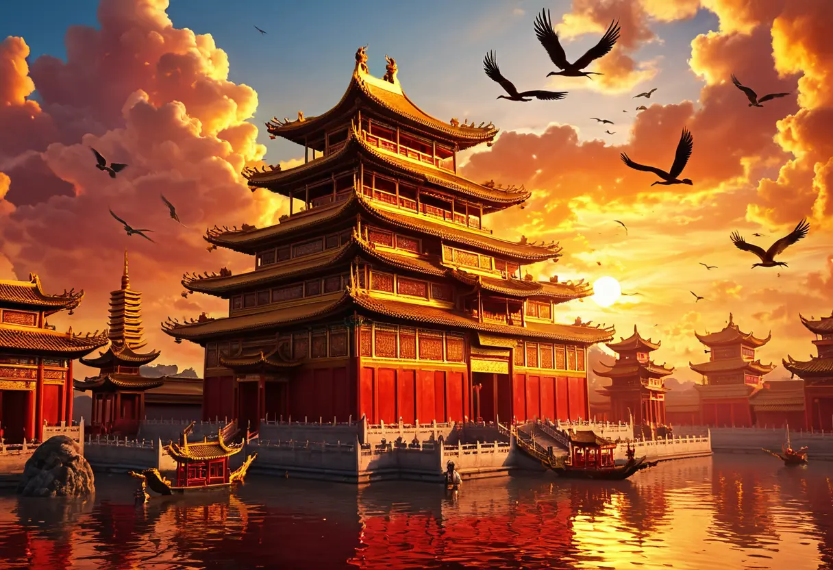 A sprawling celestial palace among golden clouds.