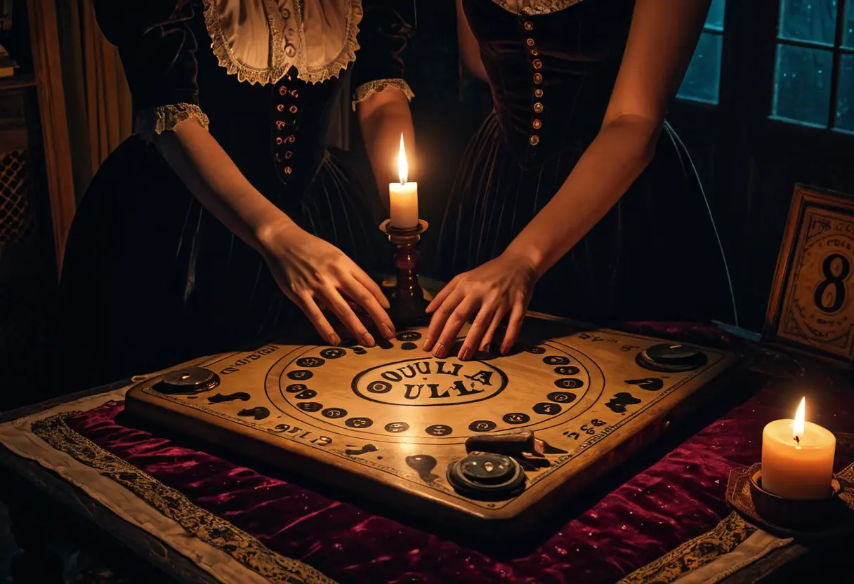 Hands resting on a Ouija board planchette in a candlelit room.