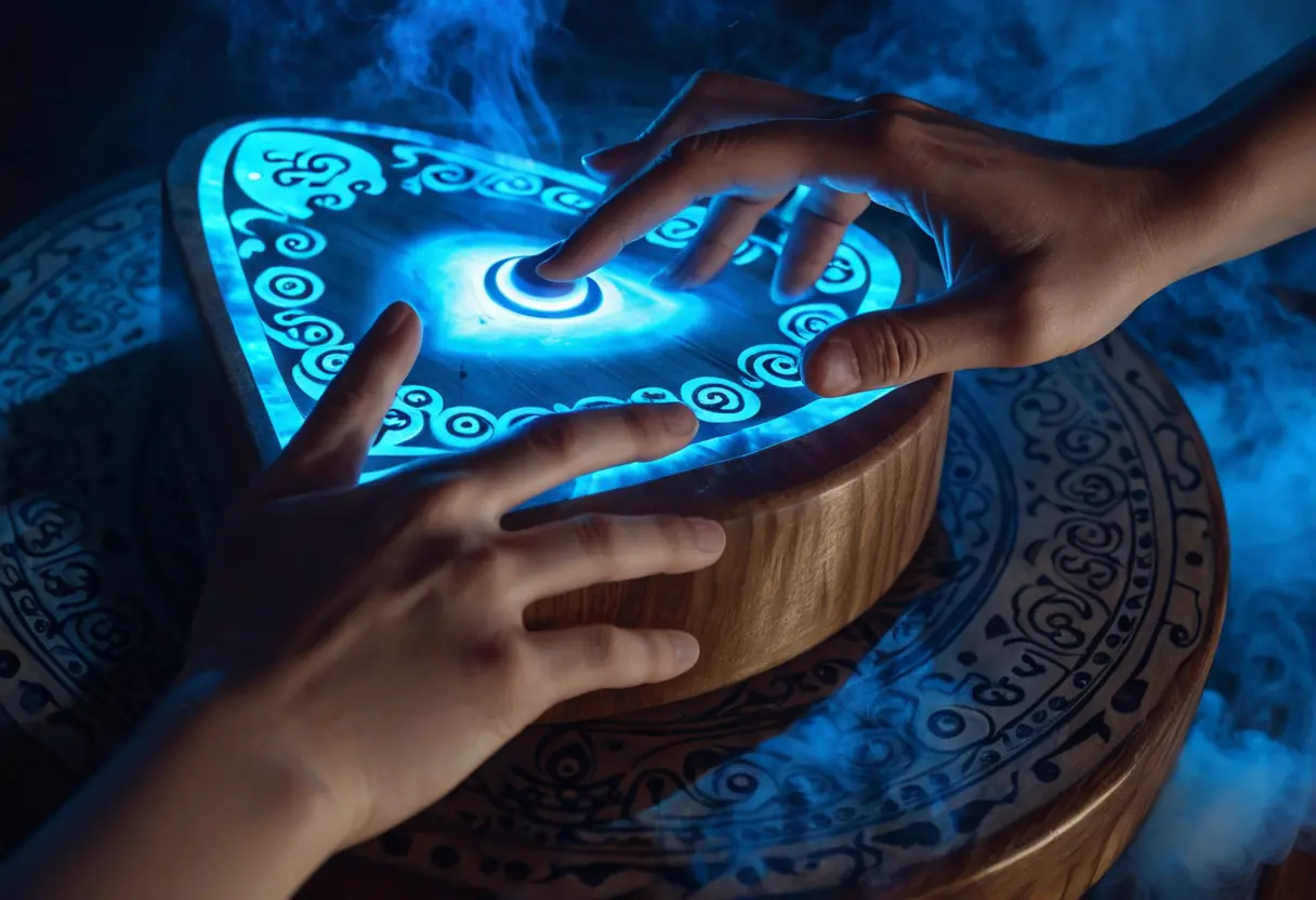 An abstract visual of subconscious energy driving the fingertips on a Ouija board.