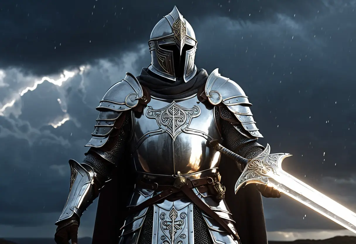 A paladin in shining silver plate armor raising a glowing sword.