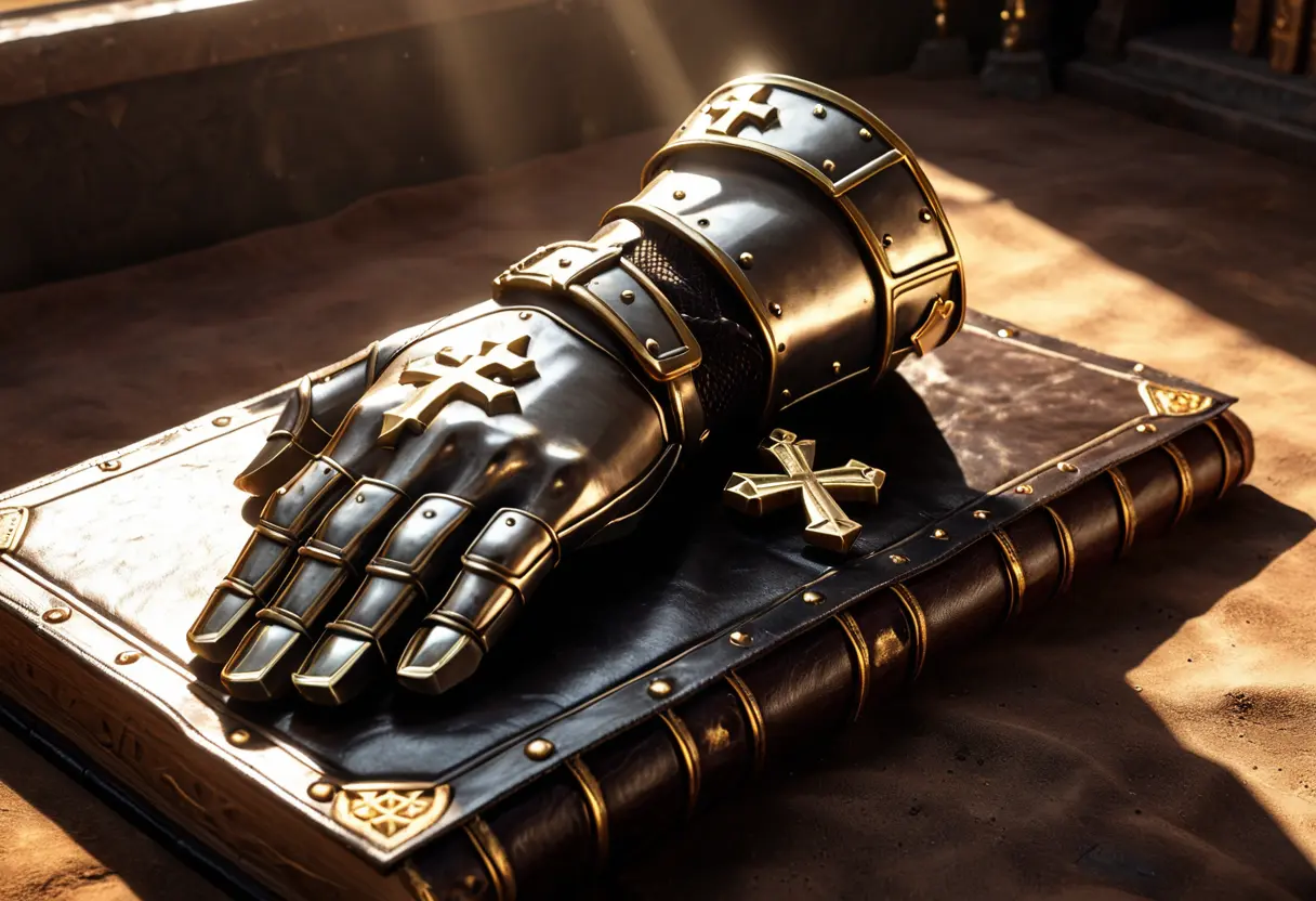 A paladin&rsquo;s gauntlet resting on a Bible or a code of laws.