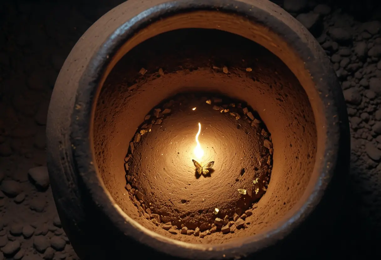 A tiny glowing light remaining inside the dark jar.