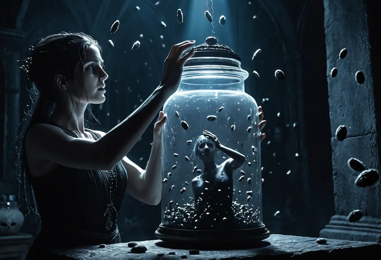 Pandora lifting the lid of the jar.