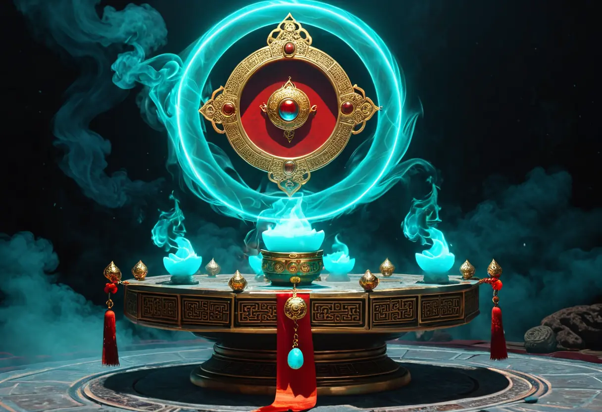 A floating altar with glowing artifacts.