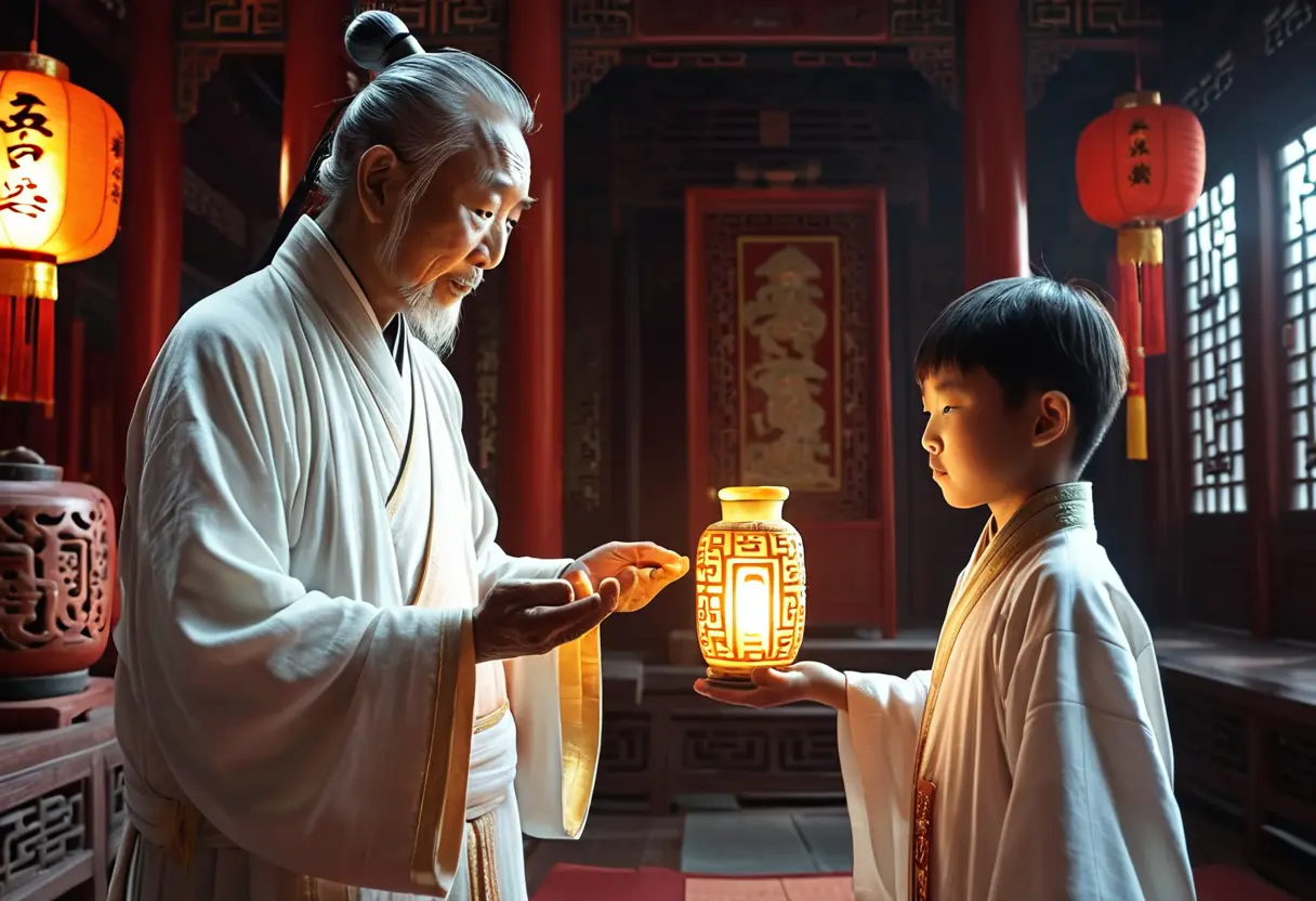 A sage handing an artifact to a disciple.