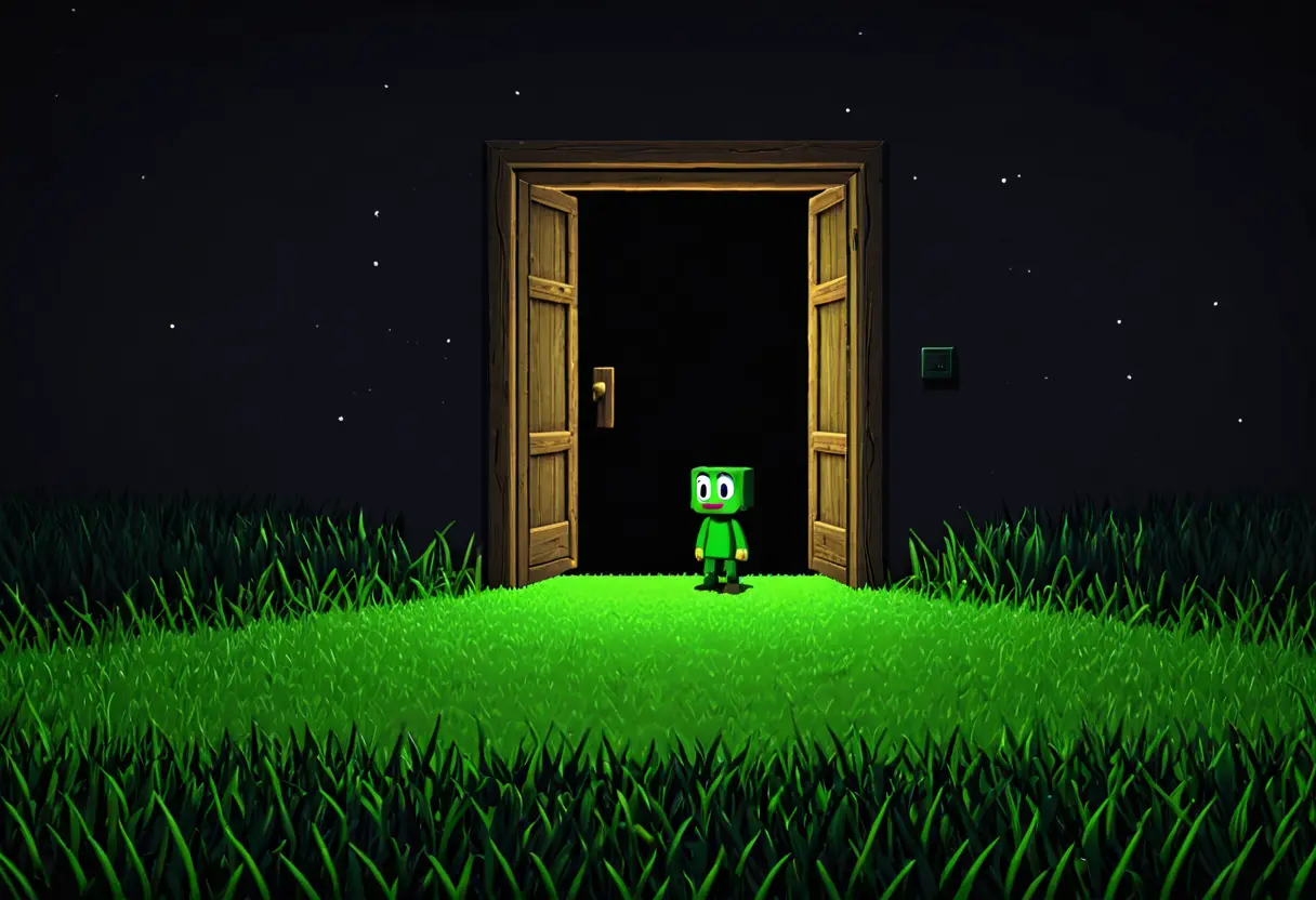A green character in a dark, empty field.