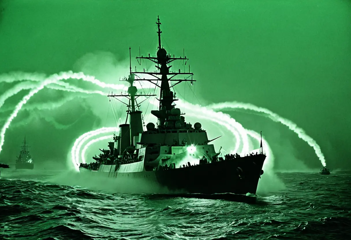 A ghostly ship in a green fog.