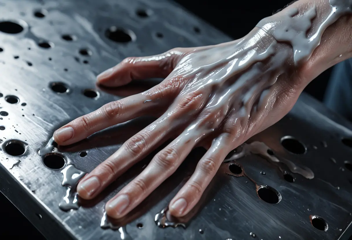 A human hand merging with metal.